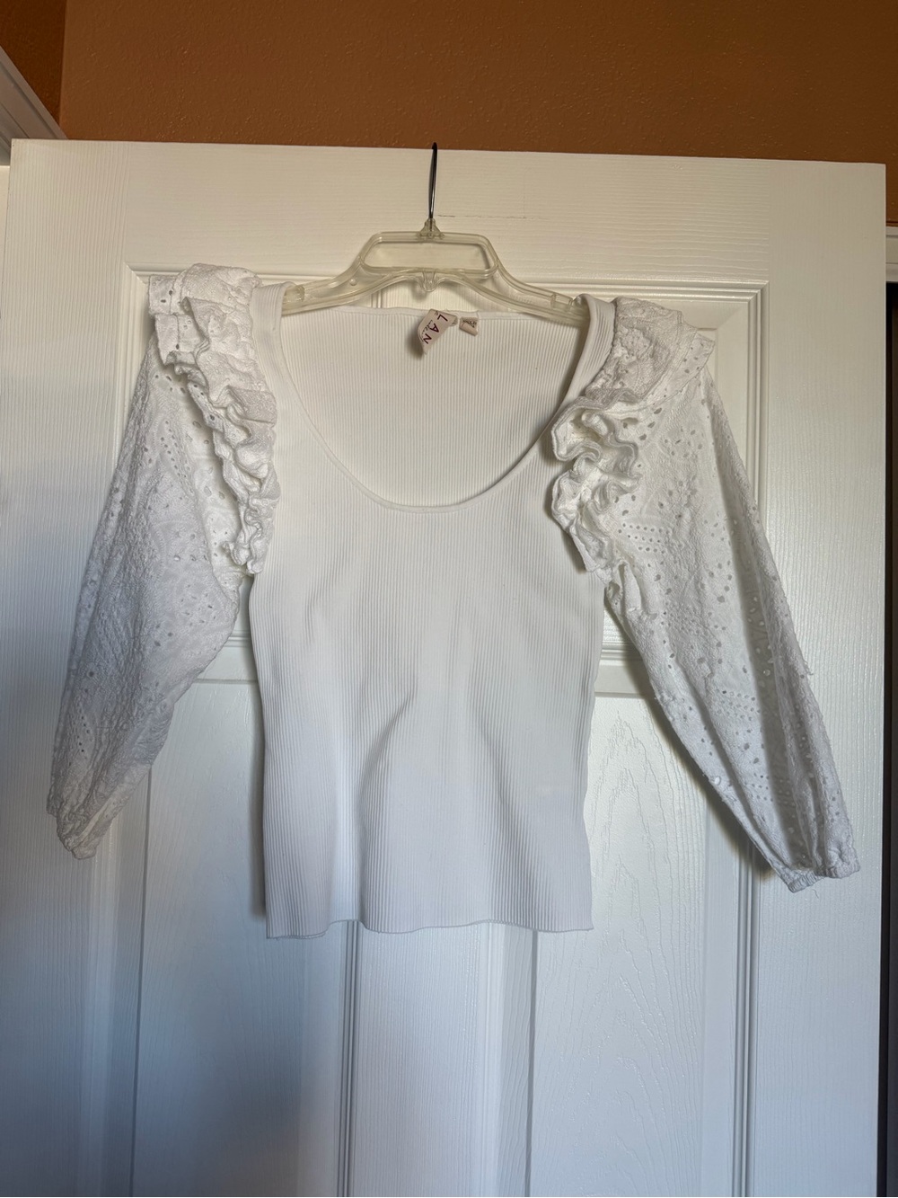 dolan White Ruffle Eyelet Long Sleeve Scoop Neck Top